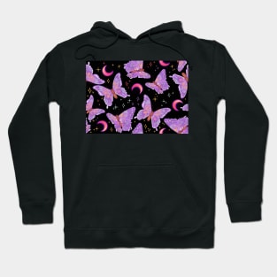 Iridescent Whimsigoth Purple Butterflies on Black with Neon Moons Hoodie